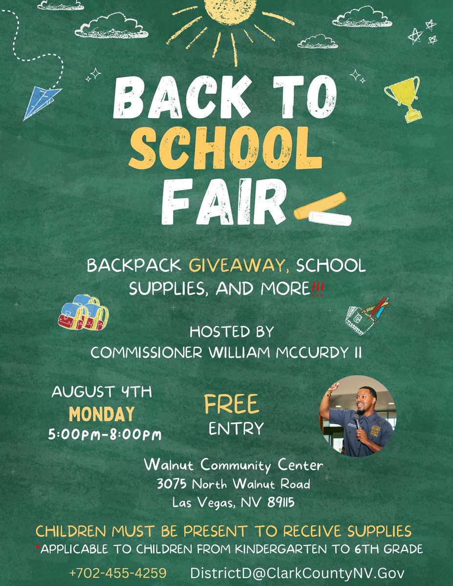 CommishMcCurdy's tweet image. 📢 Reminder! My Back-to-School Fairs are almost here! 🎒
✅ Free backpacks & supplies for K–6 students
🦷 Free Dental Assessments
📍 Aug 4 @ Walnut CC | Aug 7 @ Pearson CC
🕔 5PM–8PM
Kids must be present to receive supplies. See you there!
