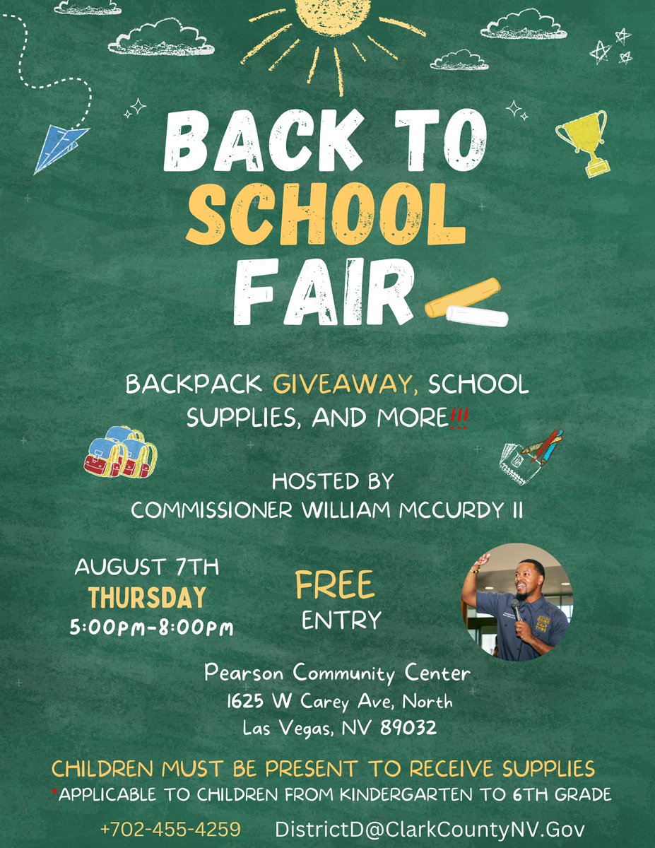 CommishMcCurdy's tweet image. 📢 Reminder! My Back-to-School Fairs are almost here! 🎒
✅ Free backpacks & supplies for K–6 students
🦷 Free Dental Assessments
📍 Aug 4 @ Walnut CC | Aug 7 @ Pearson CC
🕔 5PM–8PM
Kids must be present to receive supplies. See you there!