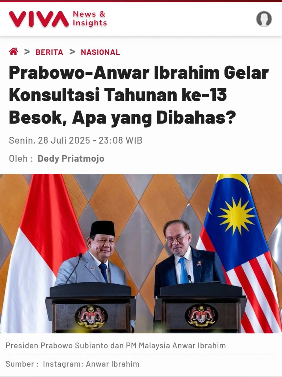 Hari ini, 29 Juli 2025, Presiden Prabowo Subianto dan PM Anwar Ibrahim menggelar Konsultasi Tahunan ke‑13 di Istana Merdeka, Jakarta. Ini merupakan pembicaraan bilateral mekanisme tertinggi dalam hubungan RI–Malaysia.
🇮🇩🤝🇲🇾