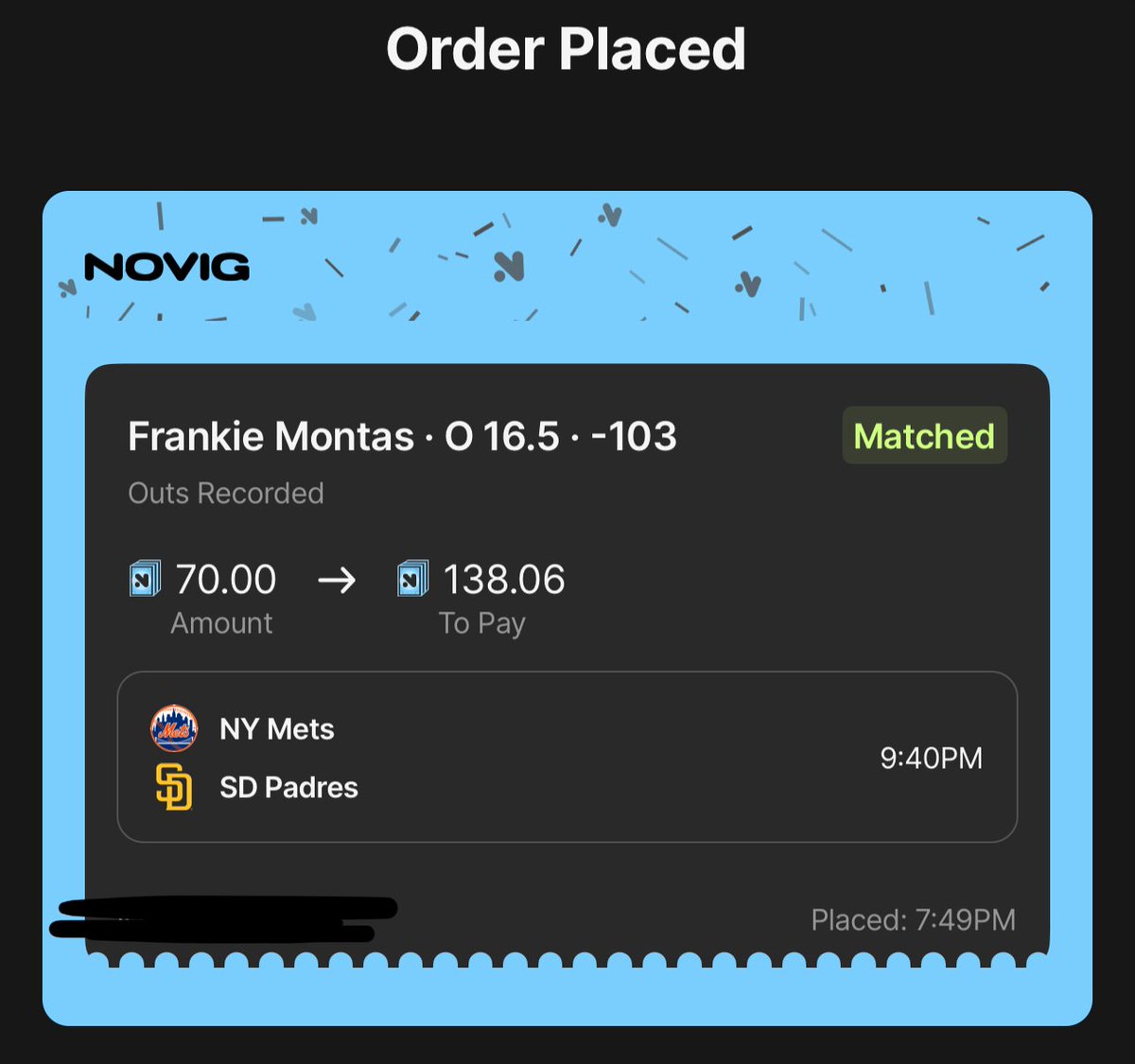 GhostEVplays's tweet image. ⚾️ NoVig MLB +EV Play
⚾️ -103 Montas O16.5 Outs (FV -106.46)
+EV: 1.63%
Playing: 0.70 Units
#novig #sports #mlb #baseball