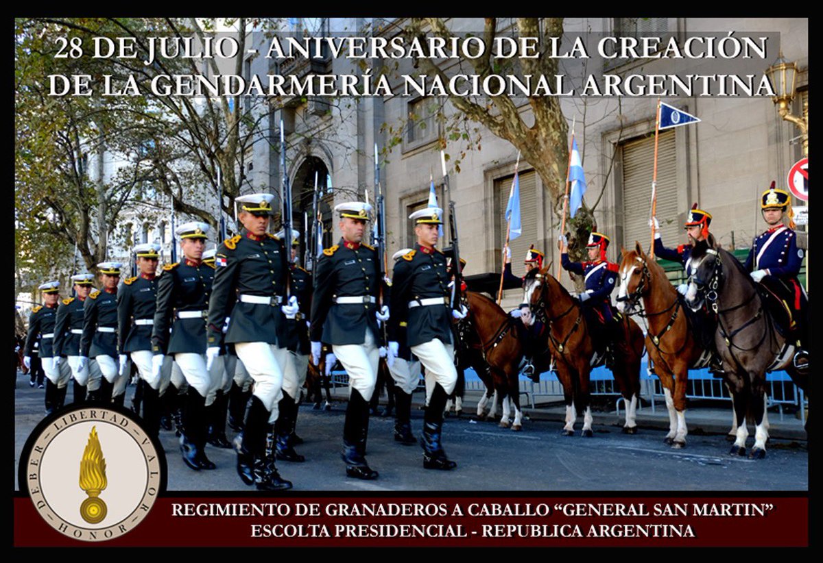 Granaderosarg's tweet image. DÍA DE LA GENDARMERÍA NACIONAL ARGENTINA
Saludamos a nuestros camaradas de la @gendarmeria en el día en que se conmemora la fecha de creación de su institución.
#Granaderos #Granadero #HerederosDelLibertador #UnRegimientoConHistoria #SomosHistoriaViva