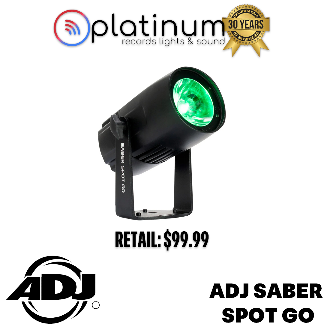 The ADJ Saber Spot Go is a compact, battery powered pinspot perfect for mobile DJs, uplighting, and truss warming. No cables. No outlets. Just clean, bright light.
 DMX compatible
 Only $99.99
 We have the last units in stock.
 Order now ,link in bio or visit Platinum Records