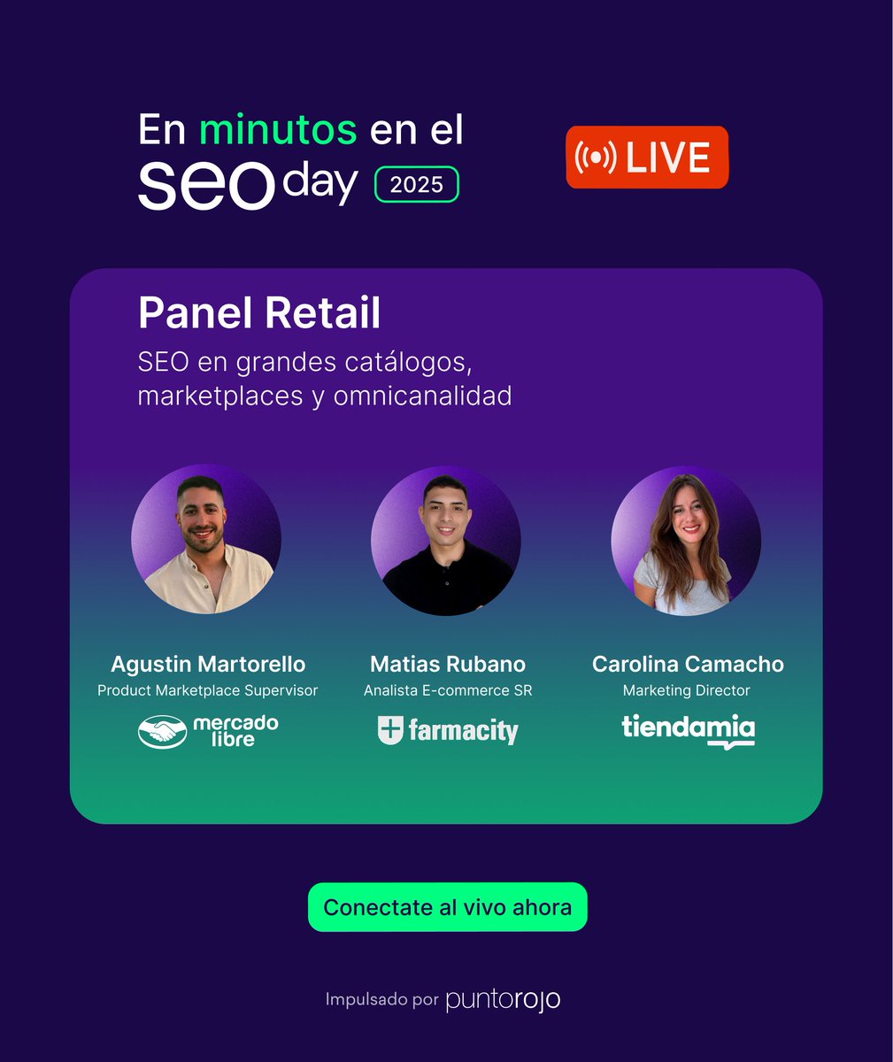 🛒 Arranca el panel de #Retail &amp; #Ecommerce en el SEOday!
 
- Agustín Martorello – Marketplace Supervisor, <a href="/ML_Argentina/">Mercado Libre Argentina</a>  
- Matias Rubano – Analista E-commerce SR, <a href="/Farmacity/">Farmacity</a>
- Carolina Camacho – Marketing Director, <a href="/tiendamiacom/">Tiendamia</a> 

Sumate ahora mismo:
lnkd.in/dywivcKK