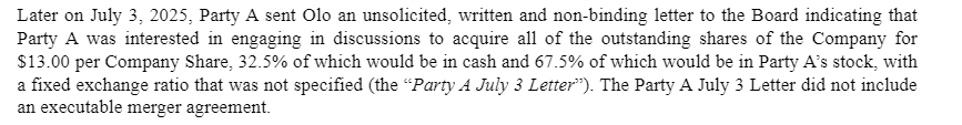 jonrice80's tweet image. Hunh, well $OLO apparently preferred a $10.25 all cash offer from Thoma Bravo than a $13 offer from &quot;Party A&quot;, whose identity is found in &quot;party&quot;.