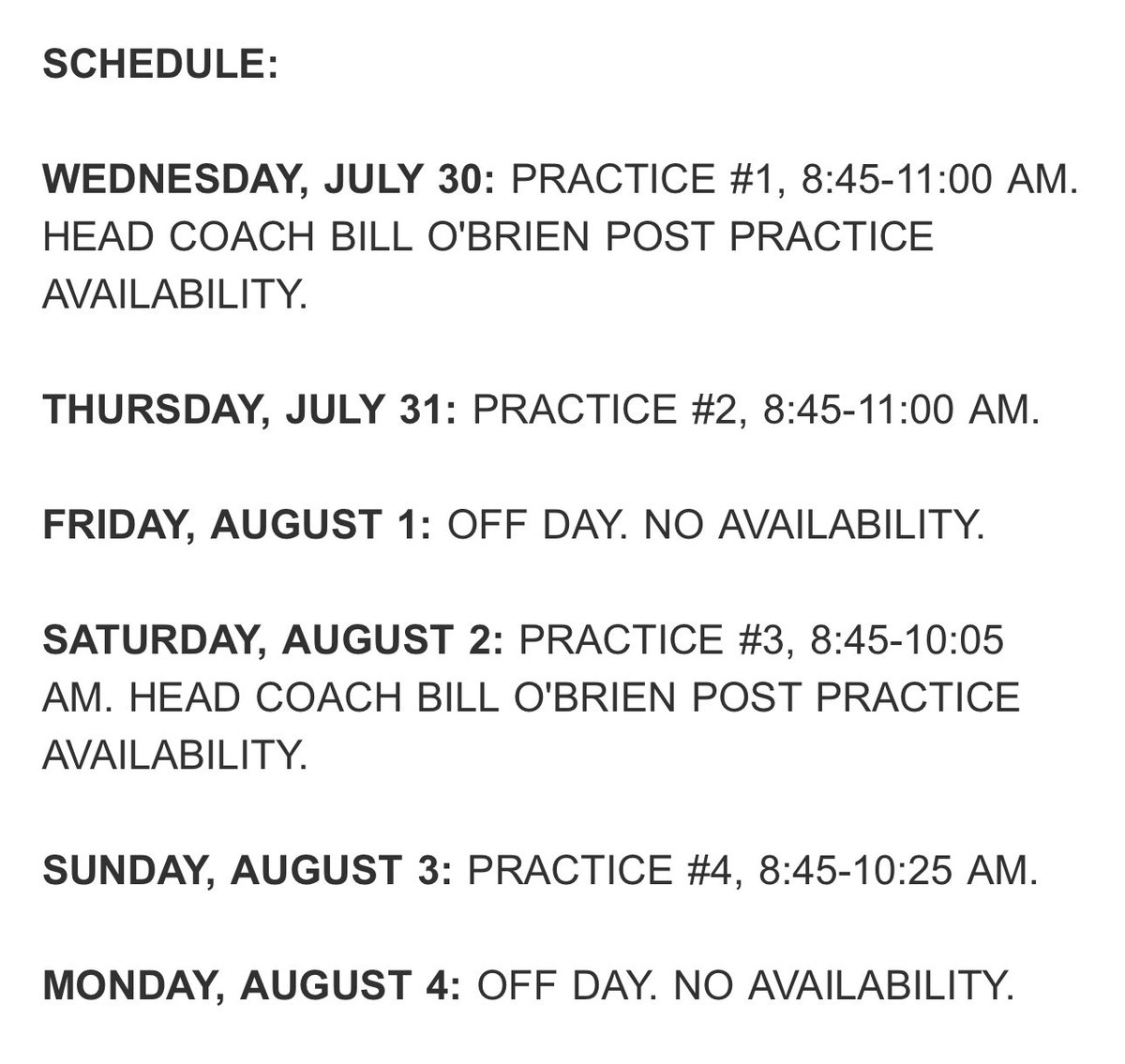 It’s time for <a href="/BCFootball/">Boston College Football</a> training camp!

The Eagles start Wednesday with post-practice media availability (Bill O’Brien and selected players).

Here is the schedule this week, which I will have coverage of for <a href="/BostonCollegeSI/">Boston College Eagles On SI</a>: