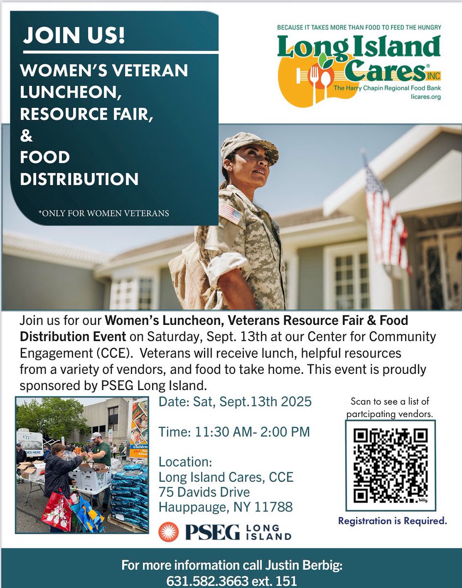 NYS Veterans (@newyorkveterans) on Twitter photo 📣 Women Veterans! 🇺🇸
Join us Sat, Sept 13 in Hauppauge for lunch, a resource fair & food distribution at <a href="/LongIslandCares/">Long Island Cares</a>!
🕦 11:30AM–2PM
📍 75 Davids Dr
🤝 Sponsored by <a href="/PSEGLI/">PSEG Long Island</a>
📲 Reg: (631) 582-3663 x151
#WomenVeterans #NYSDVS #VeteranSupport #ServingAllWhoServed 📣 Women Veterans! 🇺🇸
Join us Sat, Sept 13 in Hauppauge for lunch, a resource fair & food distribution at <a href="/LongIslandCares/">Long Island Cares</a>!
🕦 11:30AM–2PM
📍 75 Davids Dr
🤝 Sponsored by <a href="/PSEGLI/">PSEG Long Island</a>
📲 Reg: (631) 582-3663 x151
#WomenVeterans #NYSDVS #VeteranSupport #ServingAllWhoServed