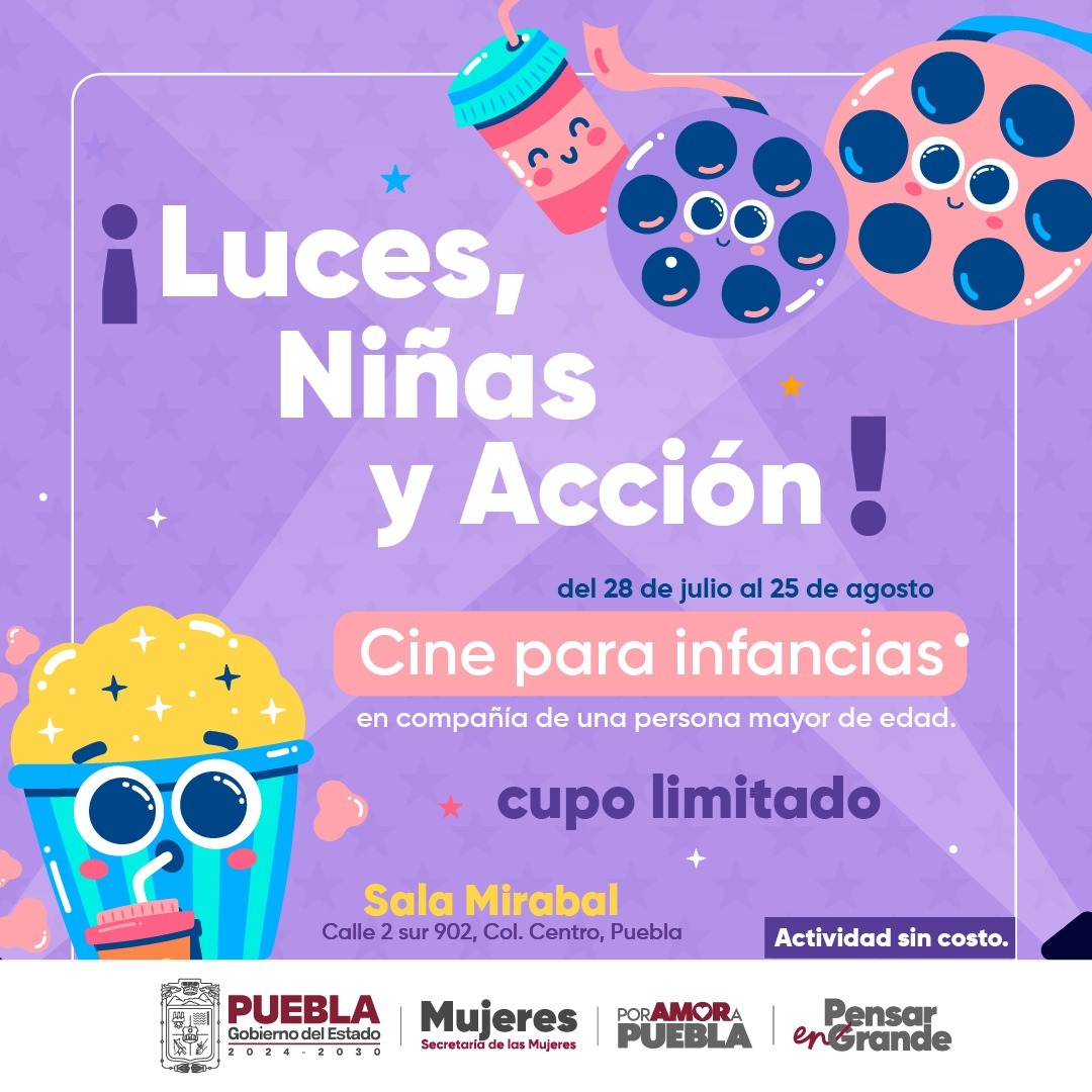 PoderNoticiaPue's tweet image. 📌 🎬 Cine para las infancias en #Puebla 🌈 | Del 28 de julio al 25 de agosto, la Sala Mirabal será sede del ciclo “¡Luces, niñas y acción!”, organizado por el @Gob_Puebla a través de la @MujeresGobPue. 👧🏻👦🏻
🎥 Disfruta películas como Persépolis, Más allá de la Luna, El Castillo…