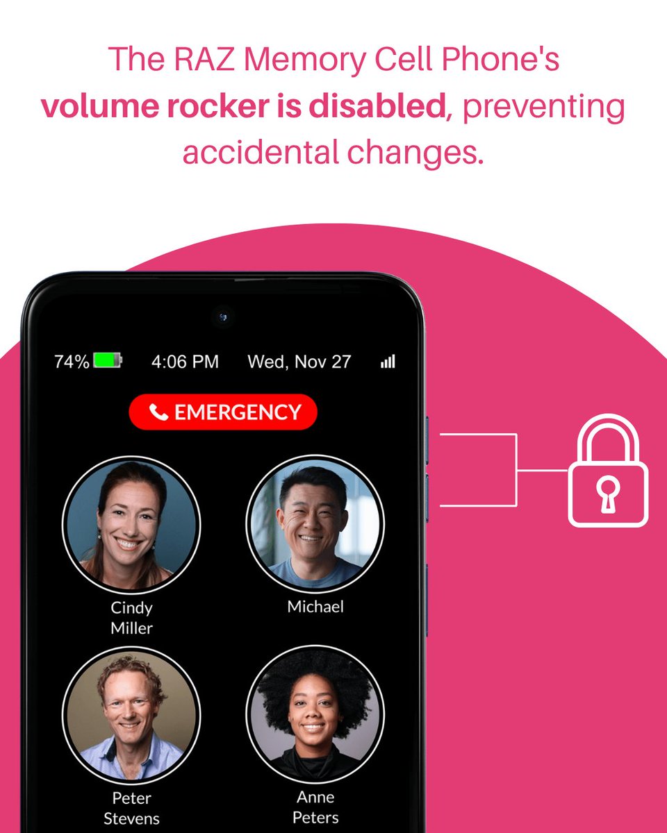 Seniors can unintentionally lower the call volume, without being able to turn it back up.

The RAZ Memory Cell Phone solves this by keeping call volume always at maximum — and disabling the volume buttons by default. That way, your loved one can hear every word clearly, every