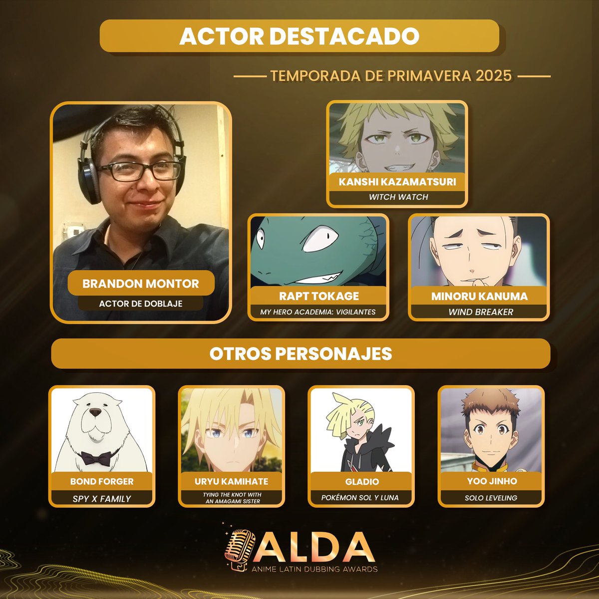 ALDA Awards (@alda_awards) on Twitter photo ⭐Actor Destacado Primavera 2025 ⭐
Con tres personajes en esta temporada, el actor de doblaje <a href="/BrandonMontor/">Brandon Montor</a> se destaca en estas semanas por sus interpretaciones en estos animes.
¿Qué otros actores destacan esta temporada? ⭐Actor Destacado Primavera 2025 ⭐
Con tres personajes en esta temporada, el actor de doblaje <a href="/BrandonMontor/">Brandon Montor</a> se destaca en estas semanas por sus interpretaciones en estos animes.
¿Qué otros actores destacan esta temporada?