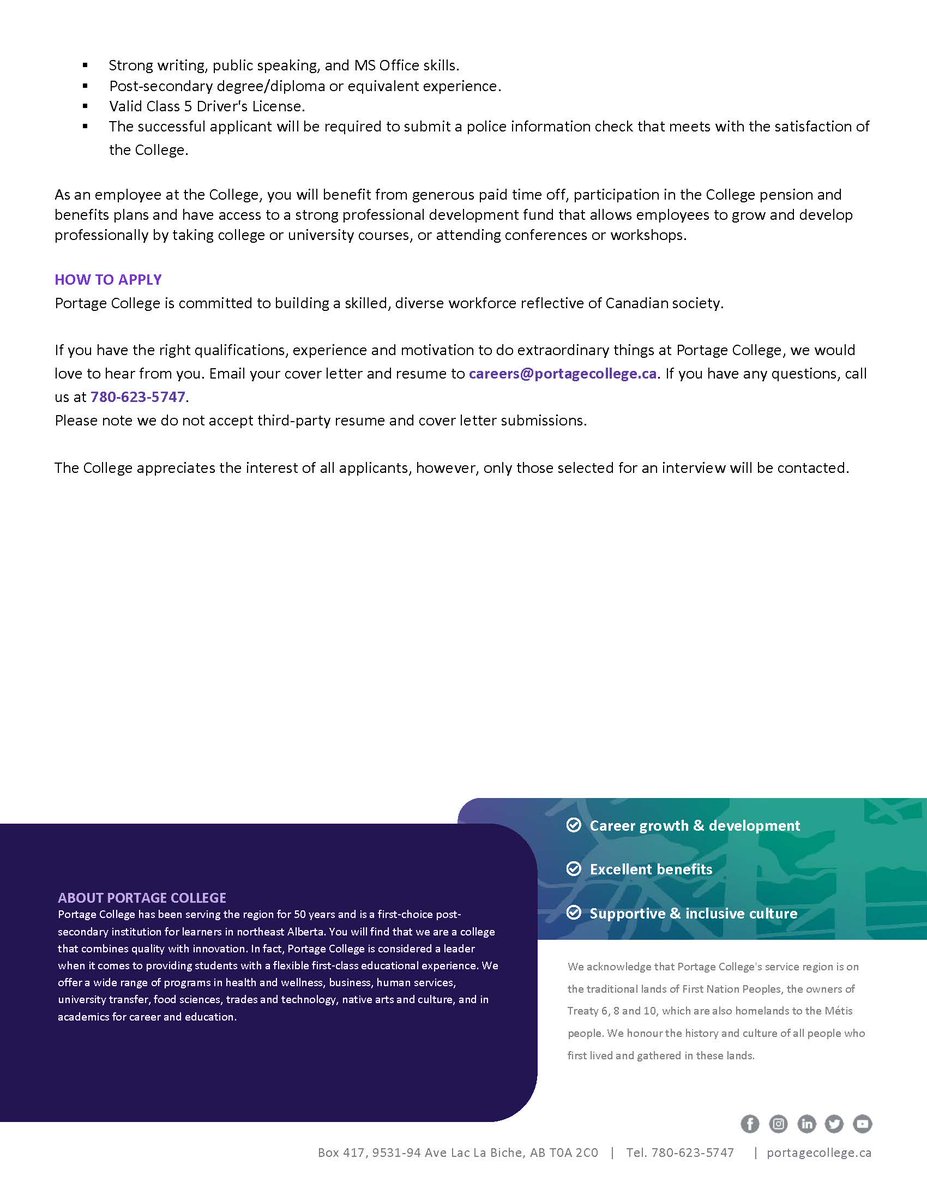 Portage College is seeking an Indigenous Learners Project Lead to support student success across its seven campuses. More information: bit.ly/44PGTQY