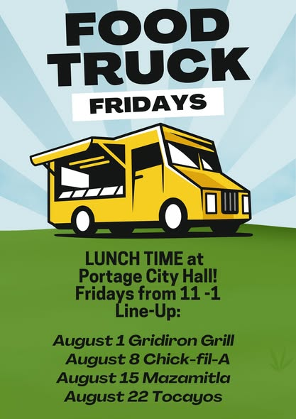 PortageLife's tweet image. Mark your calendars for the next Food Truck Fridays at City Hall!! On Aug. 1st, catch Gridiron Grill. 

Graphic credit: @PortageParks
