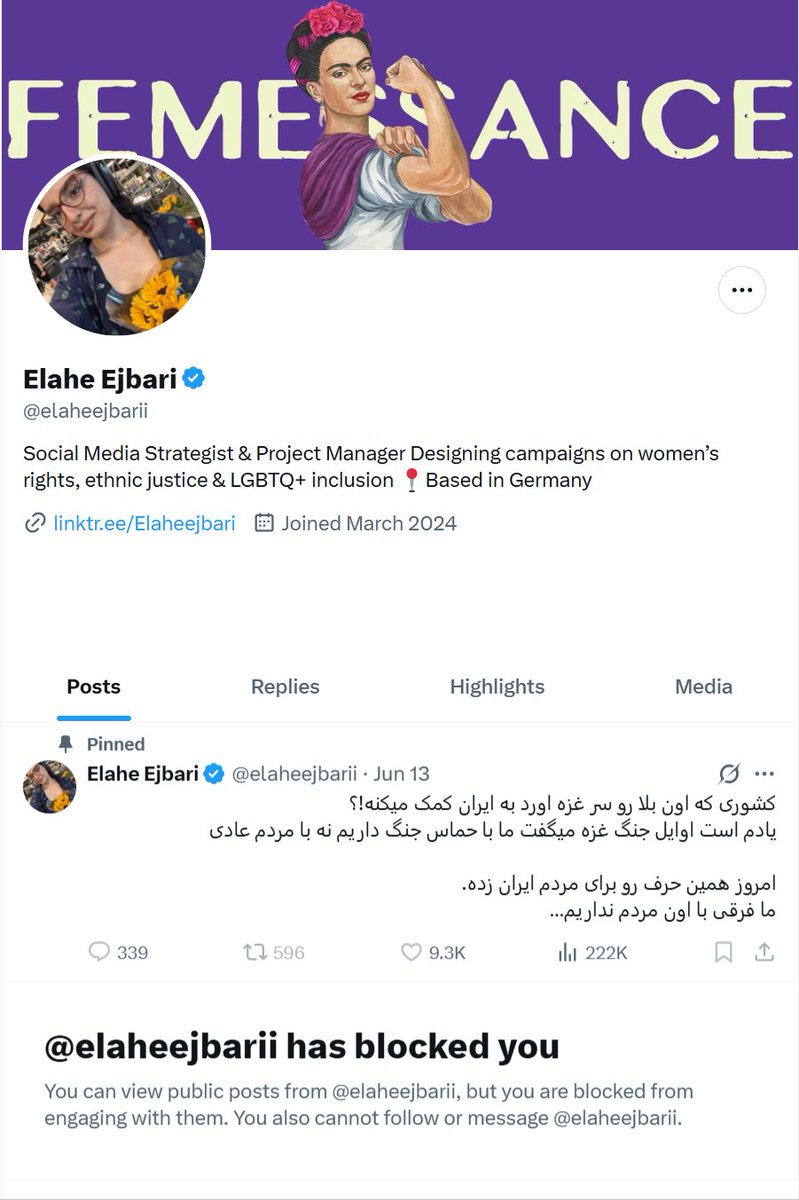 FXMNDLSN's tweet image. یک تجربه:

اگر ذوب در آرمان فلسطین نیستید با &quot;دختران هات طرفدار فلسطین&quot; بحث نکنید، مخصوصا با نوچه‌های علی افشاری!