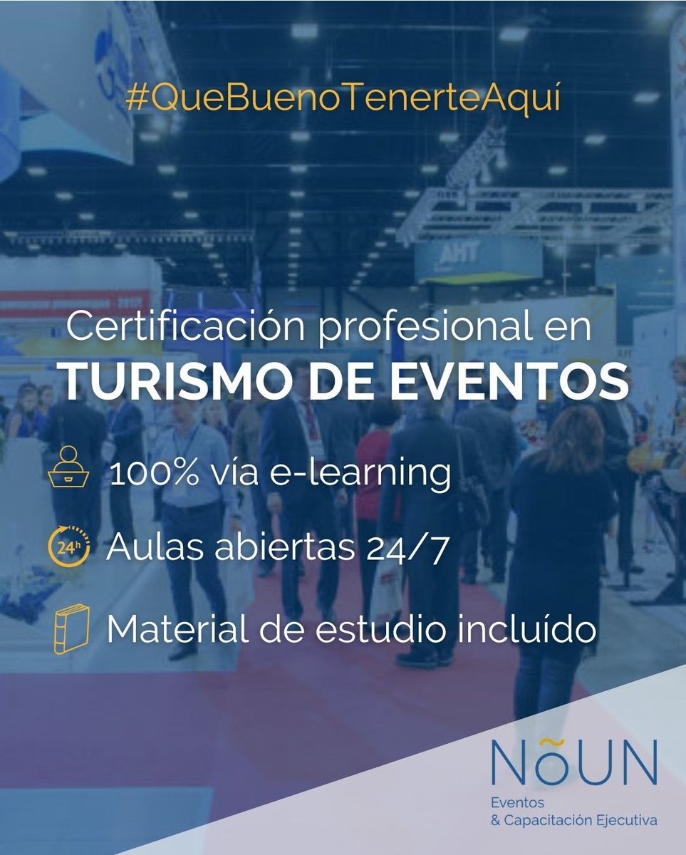 NOUN Eventos & Capacitacion Ejecutiva E-learning (@nouneventos) on Twitter photo #InscripcionesAbiertas
Inicio de clases de TURISMO DE EVENTOS:
Lunes 11 de agosto
Plan de estudio:
nouneventos.com.ar/turismo-de-eve…
Incluye:
-Guía docente
-Biblioteca
-Foros y chats
-Envío de diploma
Cierre de inscripciones:
Lunes 4 de agosto
info@nouneventos.com.ar #InscripcionesAbiertas
Inicio de clases de TURISMO DE EVENTOS:
Lunes 11 de agosto
Plan de estudio:
nouneventos.com.ar/turismo-de-eve…
Incluye:
-Guía docente
-Biblioteca
-Foros y chats
-Envío de diploma
Cierre de inscripciones:
Lunes 4 de agosto
info@nouneventos.com.ar