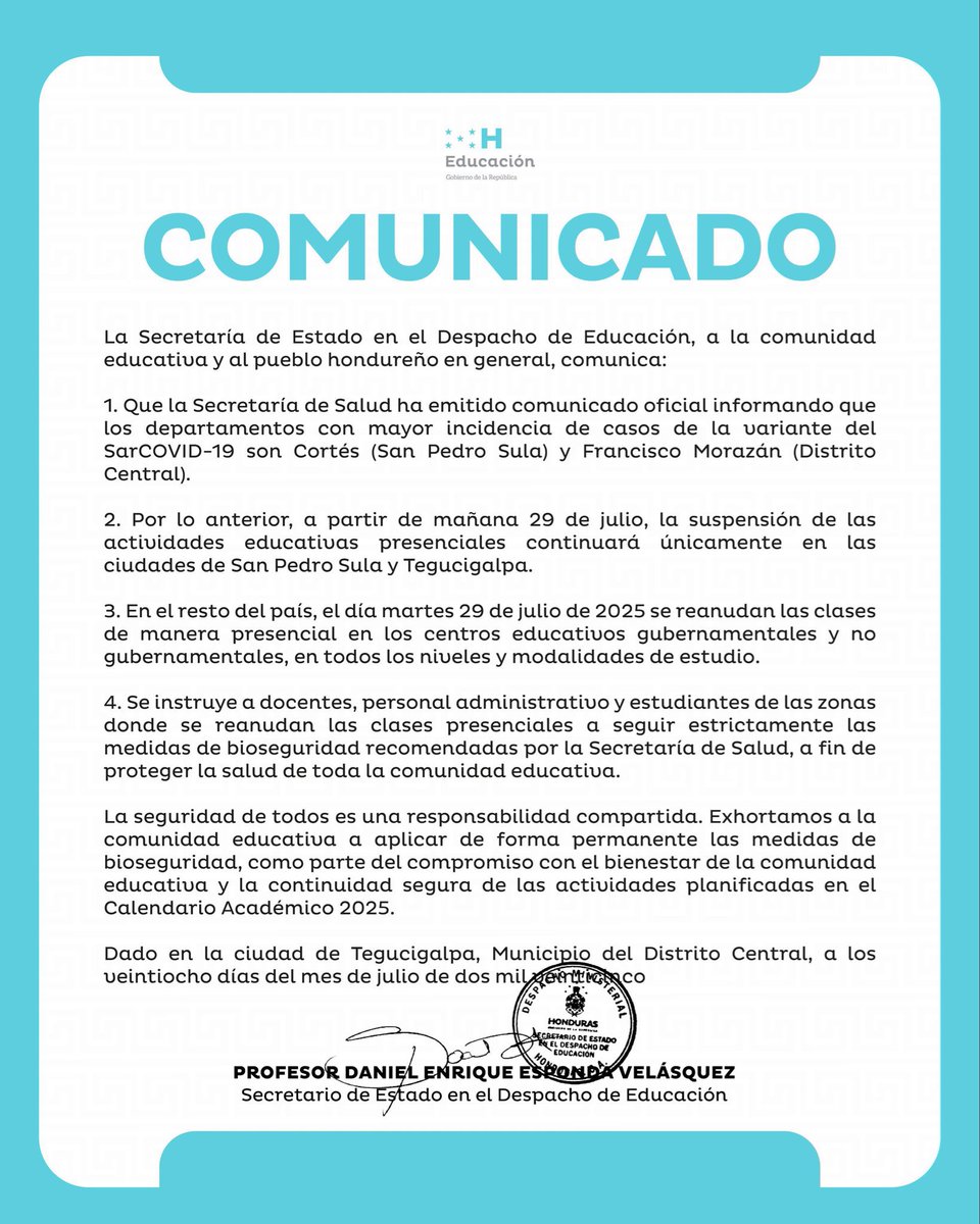 elpulsohn's tweet image. #EPActualidad | El secretario de Educación Daniel Esponda anunció que en la capital y San Pedro Sula no habrá actividad académica este martes, mientras que el resto del país retomará clases presenciales luego que se emitieran recomendaciones sobre la prevención del covid.…