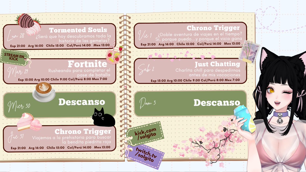 Solgito's tweet image. ╭🌸 𝐻𝑜𝑟𝑎𝑟𝑖𝑜 𝑆𝑒𝑚𝑎𝑛𝑎𝑙 🌸╯
Esta es la última semana antes de las vacaciones, ¡así que tomemos estos días para disfrutar juntos de las historias que estamos descubriendo! 🥳

Tengamos una hermosa semana! 🌸
⤷ twitch.tv/solgito
⤷ kick.com/solgito
~…