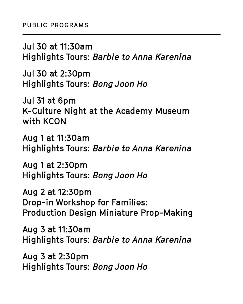 This Week:

• Screenings of INDEPENDENCE DAY, FUNNY LADY, THE AFRICAN DESPERATE + more!

• Make mini props inspired by the Barbie to Anna Karenina exhibition!

• K-Culture Night with KCON + K-pop stars + a Squid Game co-star!

All this and more: acadmu.se/MuseumPrograms
