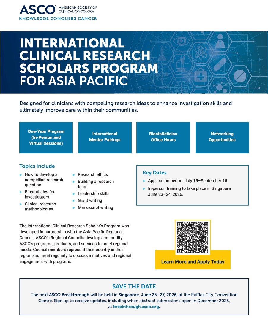 herbloong's tweet image. 📢 The @ASCO #International #ClinicalResearch Scholars Program 🧑‍🎓👩‍🎓🥼🏥 for #AsiaPacific is now open for application! ✍️ 

We are seeking #enthusiastic colleagues for this #inaugural cohort who are keen to learn from experts on research #methodologies, #leadership &amp;amp; #grantwriting…