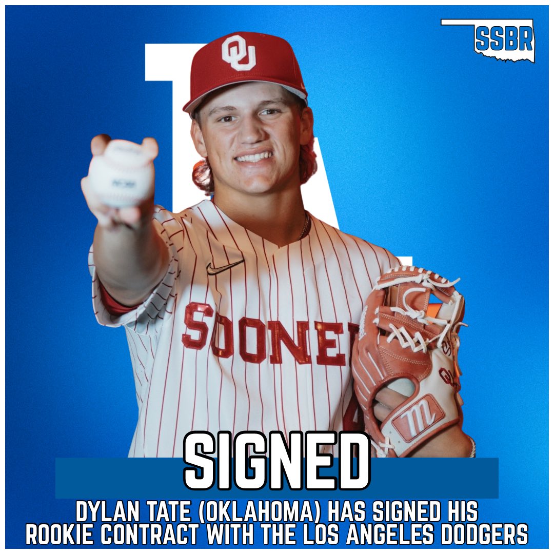 SoonerStateBSBL's tweet image. 饾檸饾檮饾檪饾檳饾檧饾樋
Dylan Tate (Oklahoma) signed his rookie contract with the Los Angeles Dodgers on Sunday
The slot value for his pick is $150,000
#SoonerStatePros