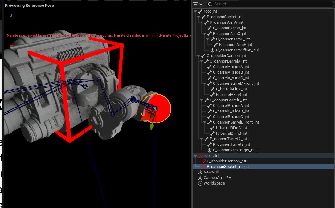 Variamech's tweet image. Anyone can help with some Control Rig questions?
I&apos;m trying to add the Shoulder Cannon to my game using Control Rig/ABP. I want the Red Sphere control to sit on the shoulder socket, but there is some space conflict going on and I can&apos;t find a solution.
#ControlRig #UnrealEngine5