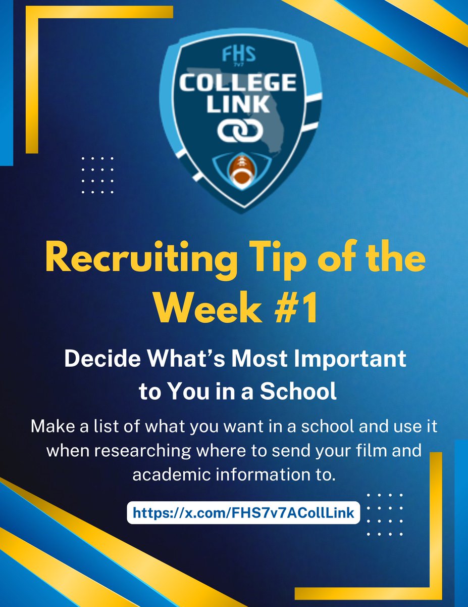 FHS7v7A College Link (@fhs7v7acolllink) on Twitter photo Recruiting Tip of the Week:
Decide What's Most Important to you in a School
Make a list of all the things you want in a school and as you research coaches and schools to send your film and academic information to, use it to see if these places would be a good fit to match your Recruiting Tip of the Week:
Decide What's Most Important to you in a School
Make a list of all the things you want in a school and as you research coaches and schools to send your film and academic information to, use it to see if these places would be a good fit to match your