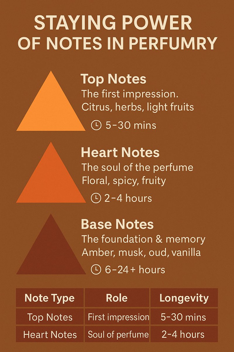 perfumemonk's tweet image. Here’s a simple breakdown of the three types of fragrance notes and their staying power in perfumery:
🔺 Top Notes – The First Impression
What it is: The initial burst you smell right after spraying
Common notes: Citrus (bergamot, lemon), herbs (lavender, mint), light fruits…