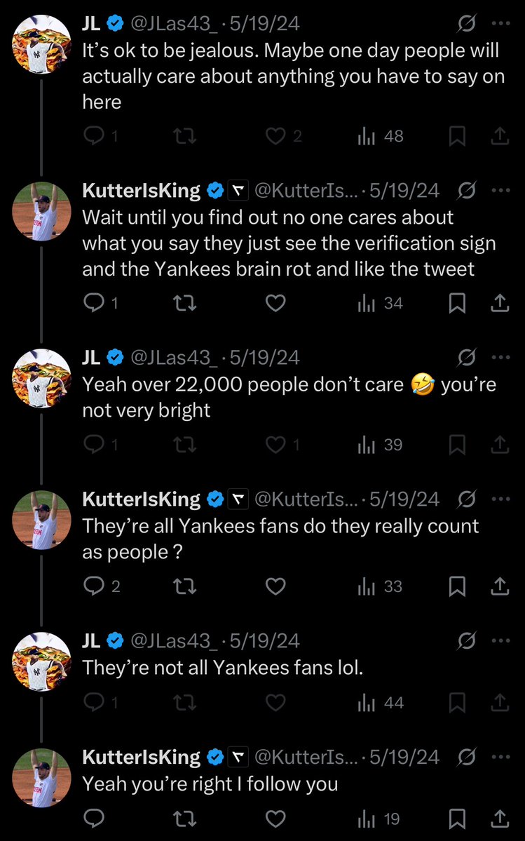 One day I was trolling this guy about him being a Yankee fan from LA. He ended up blocking me for this and hasn’t stopped talking shit about me since. At the time, I was at about 500 followers and he was at 22k and today I officially passed him in followers and I just wanna know