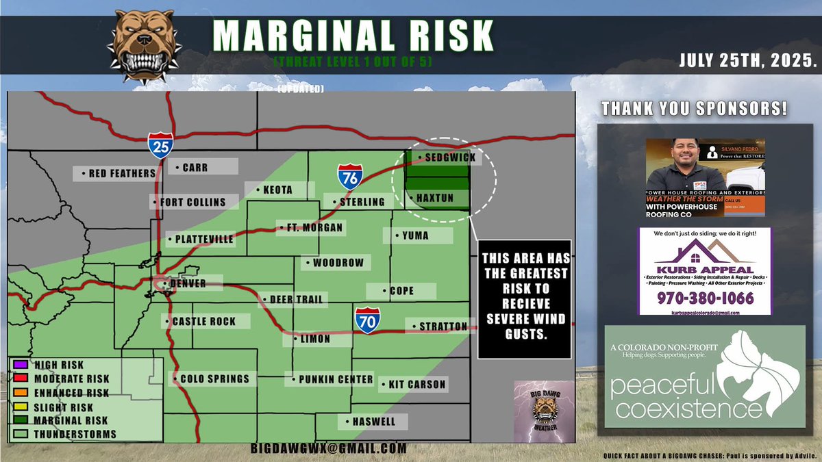 BigDawgWx's tweet image. We do have a marginal risk for severe weather (threat level 1 out of 5) in extreme Northeastern Colorado this afternoon. Our main concern is severe wind gusts with any storms able to fire in the vicinity from 5 PM to 9 PM.
Everywhere else in the lighter green can expect storms…