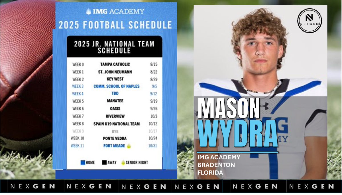 nexgenscouting's tweet image. ➡️2025 Friday Night Lights
✅2026 ATH Mason Wydra @MasonWydra
✅IMG Academy Jr. National Team @IMGAFootball
Bradenton (FL)
8/15 at Tampa Catholic
8/22 at St. John Neumann
8/29 at Key West
9/5 Community School of Naples
9/12 TBD
9/19 at Manatee
9/26 at Oasis
10/3…