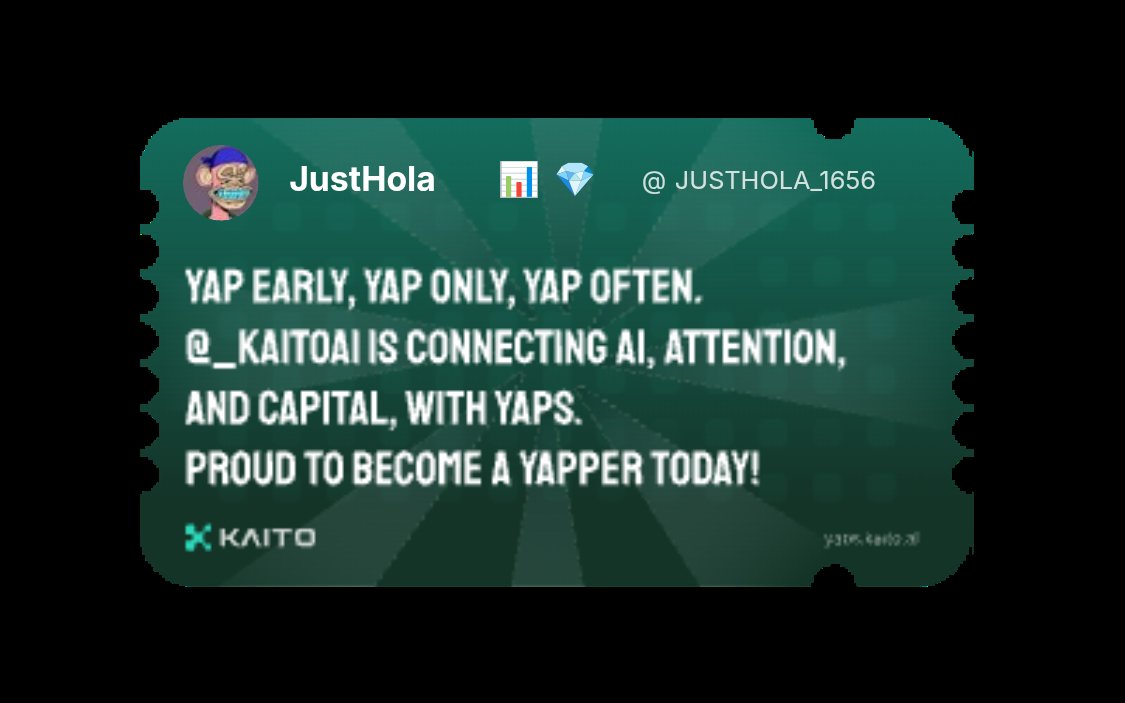 JustHola 📊💎 (@justhola_1656) on Twitter photo Yap early, yap only, yap often.
<a href="/KaitoAI/">Kaito AI 🌊</a> is connecting AI, attention and capital with Yaps.
Just claimed my social card and I'm accumulating Yap points in real-time.
Claim yours 👉 yaps.kaito.ai/referral/15205… Yap early, yap only, yap often.
<a href="/KaitoAI/">Kaito AI 🌊</a> is connecting AI, attention and capital with Yaps.
Just claimed my social card and I'm accumulating Yap points in real-time.
Claim yours 👉 yaps.kaito.ai/referral/15205…