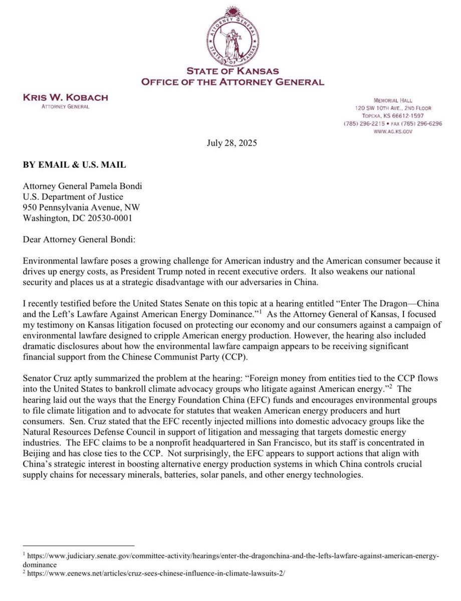 4AmericanEnergy's tweet image. 🚨 NEW: Following Sen. @TedCruz’s hearing on China’s environmental lawfare campaign against US energy, @KSAGOffice Kris Kobach says he is urging the DOJ to investigate CCP-backed Energy Foundation China and its funding ties.

Via @asholiver for @FoxNews 👇
foxnews.com/politics/china…