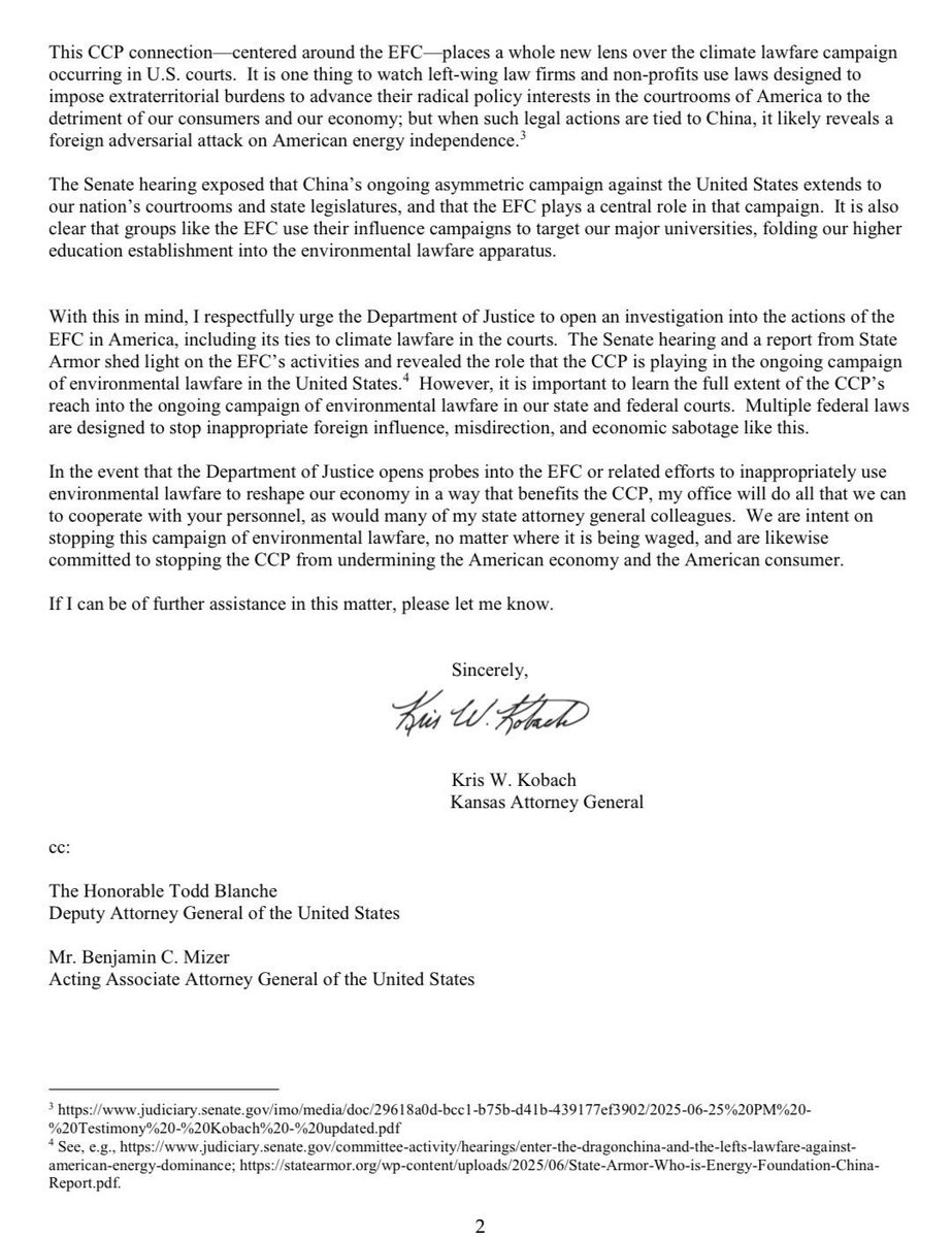 4AmericanEnergy's tweet image. 🚨 NEW: Following Sen. @TedCruz’s hearing on China’s environmental lawfare campaign against US energy, @KSAGOffice Kris Kobach says he is urging the DOJ to investigate CCP-backed Energy Foundation China and its funding ties.

Via @asholiver for @FoxNews 👇
foxnews.com/politics/china…