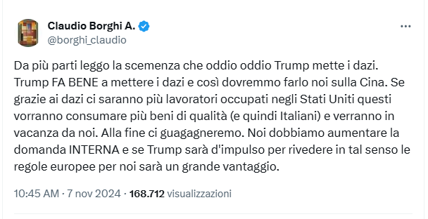 baffi_francesco's tweet image. Secondo un idiota leghista i dazi al 15% sono un'ottima notizia in quanto in Italia verranno più turisti americani.
Ma chi ha votato questo deficiente?