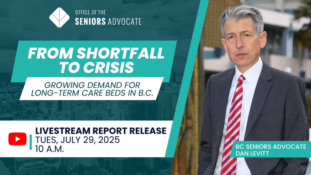 Join Seniors Advocate Dan Levitt for the livestream release of a new systemic review examining the growing gap between long-term care demand and capacity in B.C. and what it means for the future of the province’s vulnerable seniors and family caregivers.
ow.ly/fZzg50WwkWj