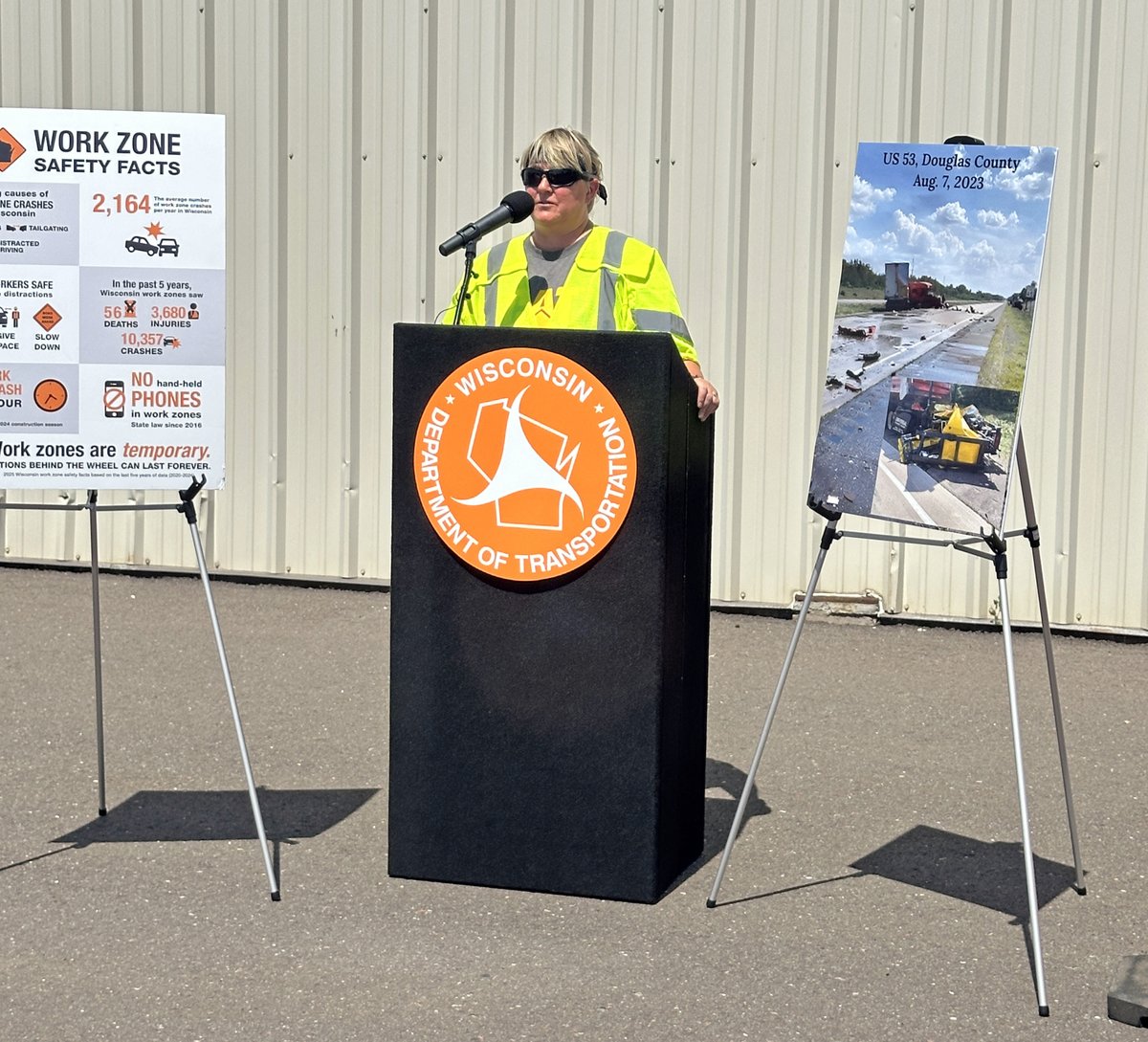 WisconsinDOT's tweet image. WisDOT Deputy Secretary Scott Lawry joined the @wistatepatrol, Douglas County Highway Department, and other officials in Superior today to reemphasize the importance of responsible driving in construction zones. wisconsindot.gov/Pages/about-wi…