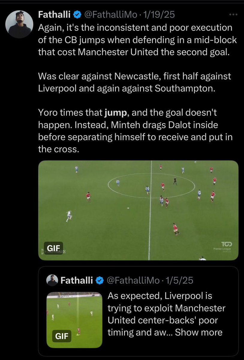 FathalliMo's tweet image. The current talk around United’s defensive structure, or lack of it, isn’t anything new.
Our centrebacks struggled to time their jumps into midfield almost all of last season. Brighton, Newcastle, and Southampton were all clear examples.
To me, it’s more of an IQ and…