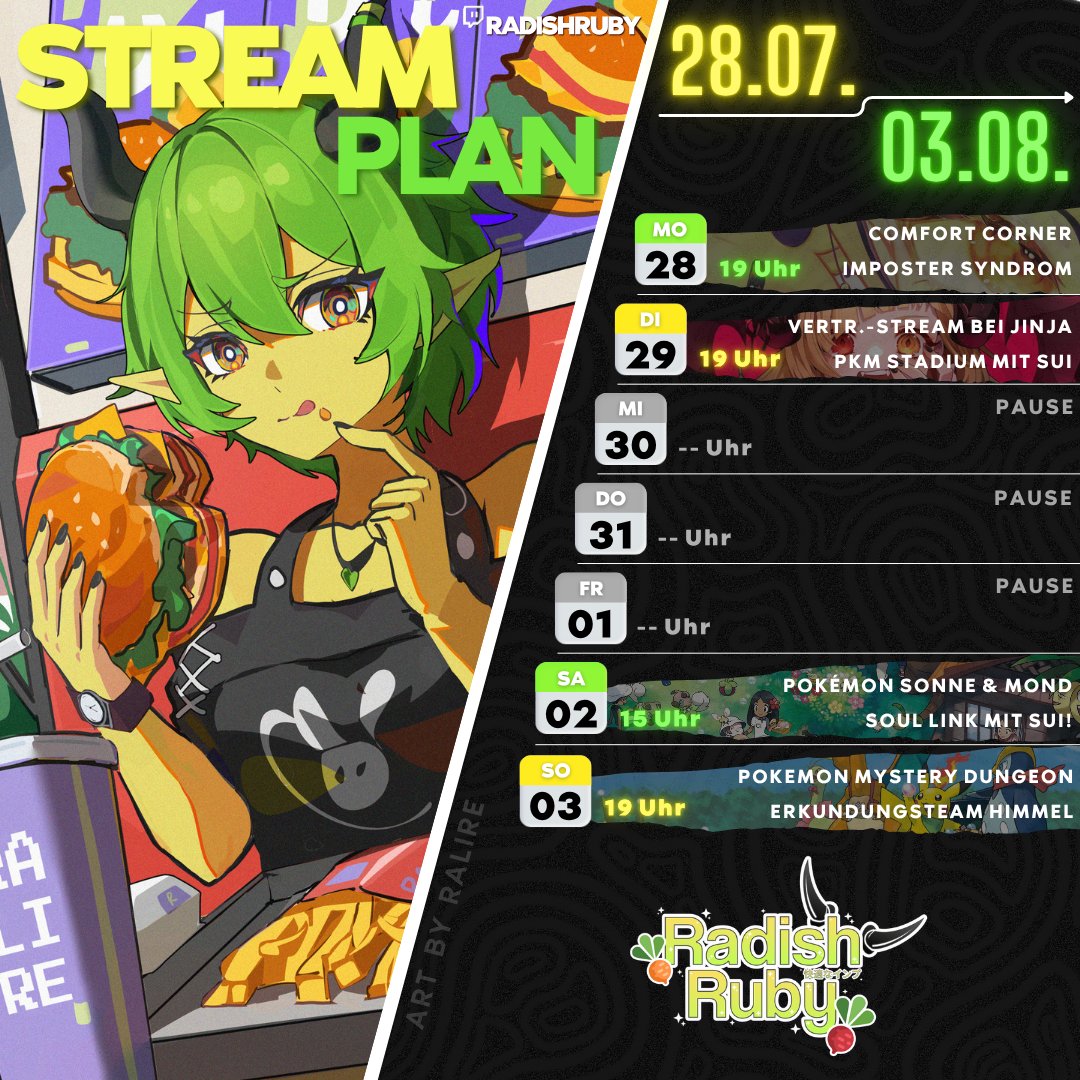 Radish 🥕😈 @SAMTCON (@radishruby) on Twitter photo 🥕 STREAMPLAN 🥕
🫂 Montag Comfort Corner - Imposter Syndrom!
🌙 Dienstag Pkm Stadium Blind Pick Battles Vertretungsstream bei Jinja!
🏝️ Samstag Insel 3 bei der Pkm Sonne/Mond Rando Soullink mit <a href="/Suishomaru/">Sui 👻 Forest Spirit VTuber</a>!
⛅ Und Sonntag mehr mysteriöse Dungeons und böse Buben verhauen! 🥕 STREAMPLAN 🥕
🫂 Montag Comfort Corner - Imposter Syndrom!
🌙 Dienstag Pkm Stadium Blind Pick Battles Vertretungsstream bei Jinja!
🏝️ Samstag Insel 3 bei der Pkm Sonne/Mond Rando Soullink mit <a href="/Suishomaru/">Sui 👻 Forest Spirit VTuber</a>!
⛅ Und Sonntag mehr mysteriöse Dungeons und böse Buben verhauen!