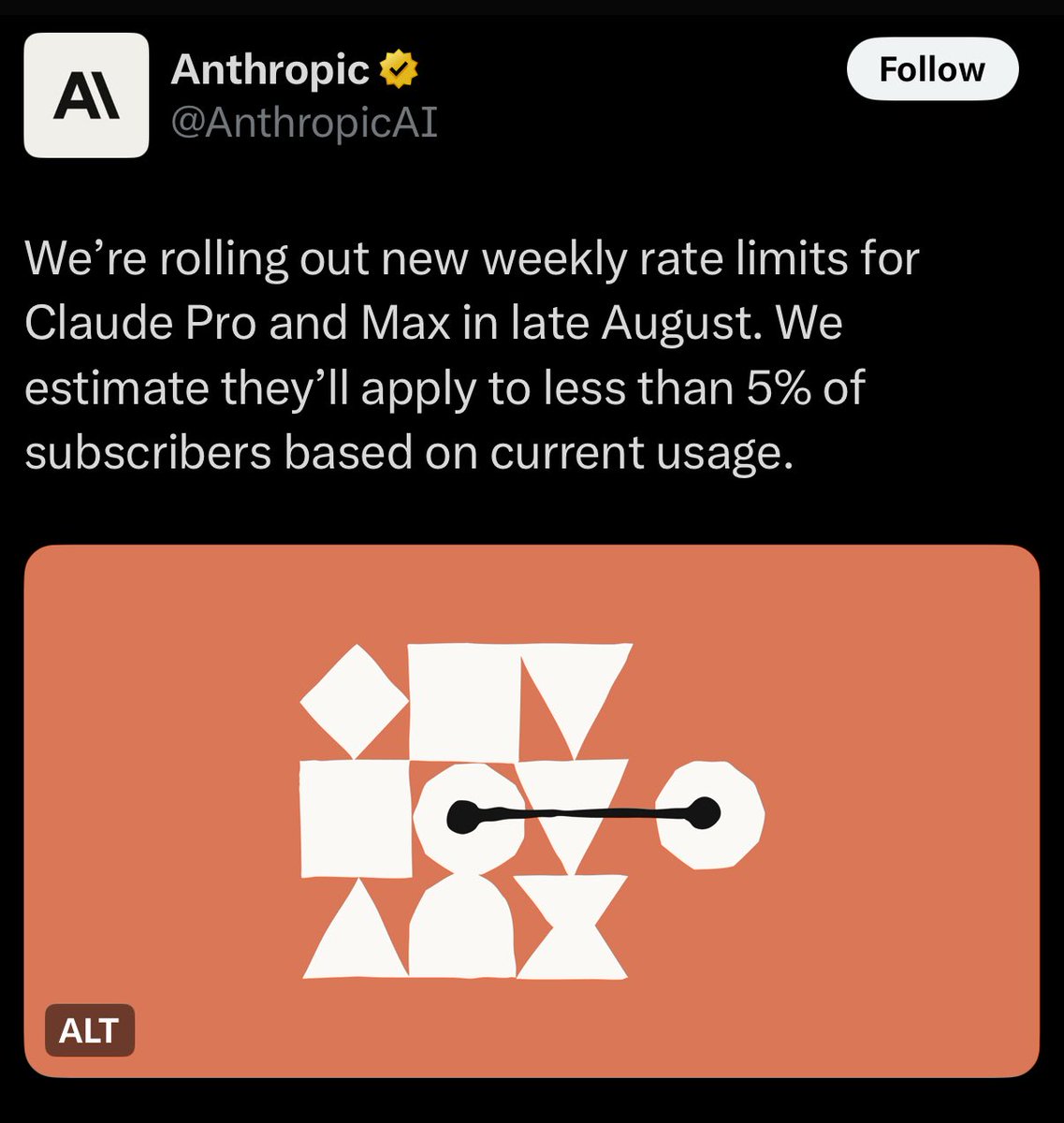olzare's tweet image. New rate limits on AI from Anthropic.
Sad to see this but we should be prepared to see more.
Our current cheap usage of frontier models is heavily subsidized to teach us how to use it.
To bring the “Wow moment” to as many people as possible.
And once you become a real…