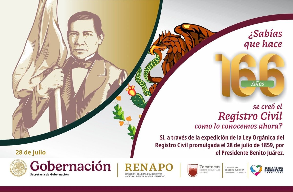 📜 El 28 de julio de 1859, Benito Juárez promulgó la Ley Orgánica del Registro Civil
166 años después, bajo la administración de <a href="/DavidMonrealA/">David Monreal Ávila</a> y de Angel Muñoz de la <a href="/CGJ_Zac/">Coordinación General Jurídica</a>, #Zacatecas es ejemplo nacional. ¡Garantizando tu identidad!
#PazEsBienestar
#RegistroCivil #Identidad