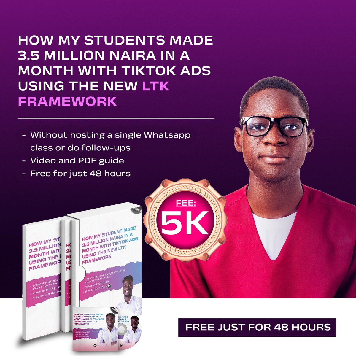 3.5Million made by a student of mine through Tiktok ads WITHOUT hosting a single WhatsApp class, webinar or do a single follow up using the LTK FRAMEWORK

Works regardless a Pro or Newbie

IT'S FREE FOR JUST 48HOURS AS USUAL
Like, Rt &amp; Comment LTK and I'll send it to your DM