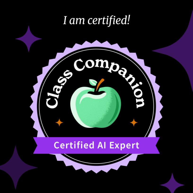 LyndaLast's tweet image. I'm excited to share that I'm certified as a Class Companion AI Feedback Expert! I can tell you more about using AI to provide instant feedback for students. classcompanion.com