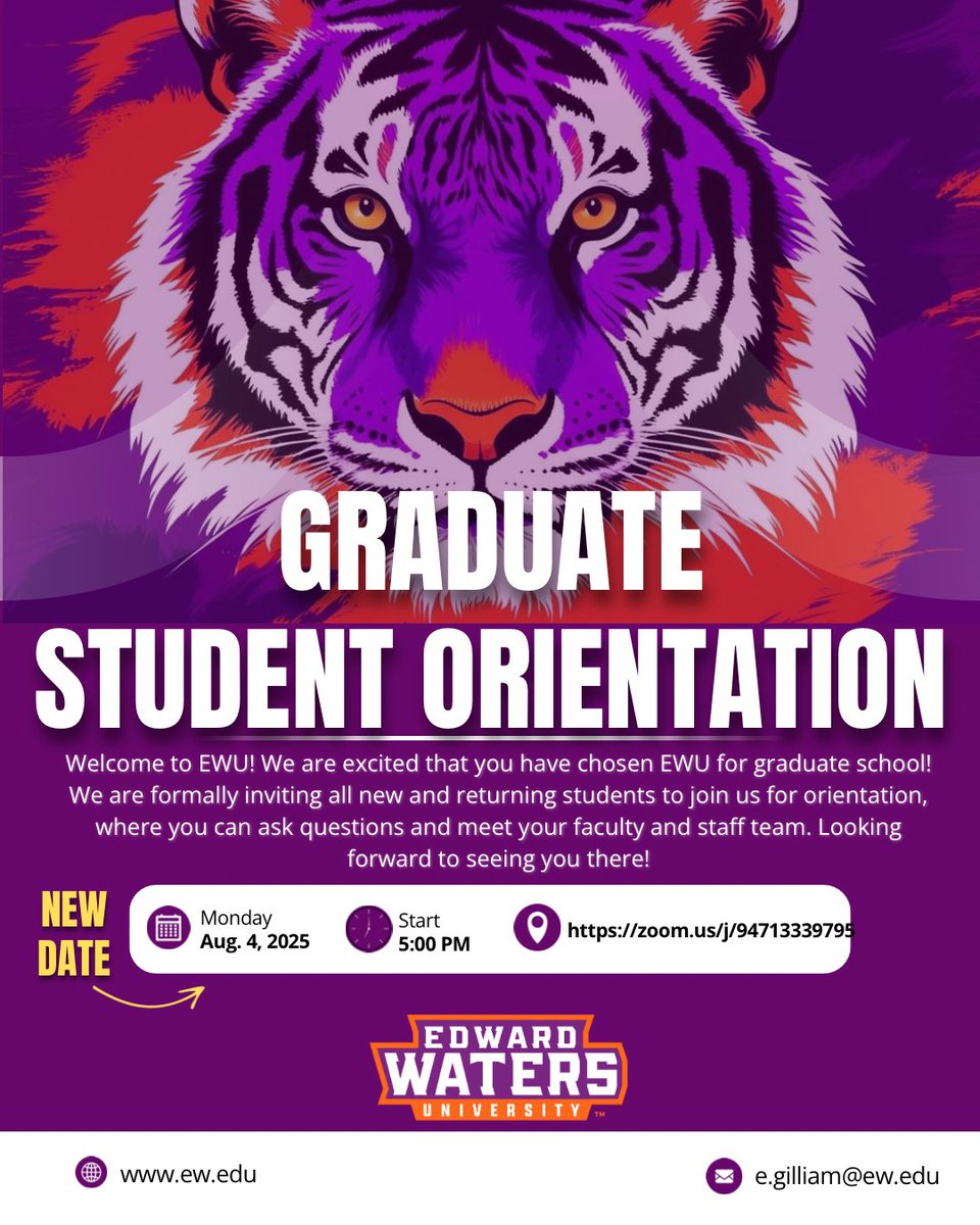 🎓 New &amp; returning EWU grad students — join us Aug. 4 at 5PM for Graduate Student Orientation! Meet your faculty &amp; get your questions answered. 🐅💻
🔗 zoom.us/j/94713339795
#EWU #TigerPride #GradSchoolReady
