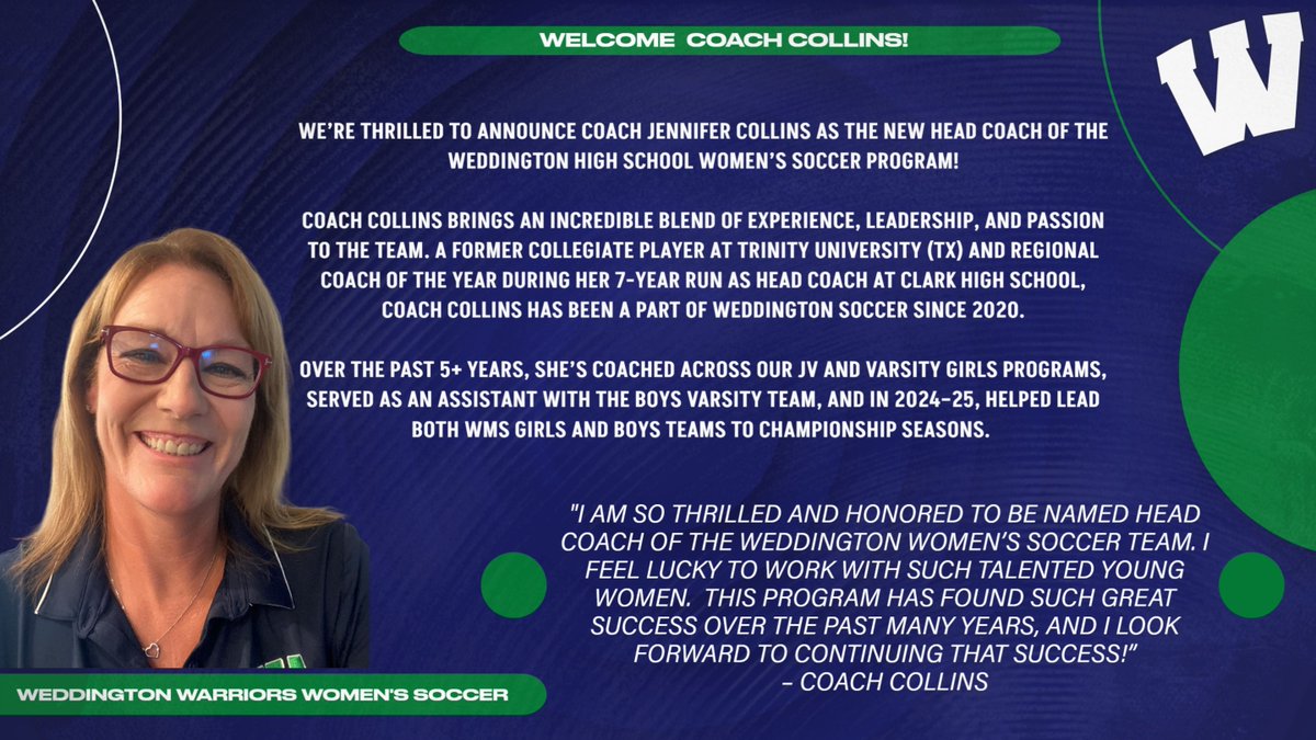 Weddington Athletics (@whswarriors) on Twitter photo The Warriors would like to welcome Coach Collins as our next women's soccer head coach!
<a href="/AGHoulihan/">Andrew G. Houlihan</a> <a href="/UCPSNC/">Union County Public Schools</a> <a href="/UCPSNCAthletics/">UCPS NC Athletics</a> <a href="/WeddingtonHSNC/">Weddington High School</a> The Warriors would like to welcome Coach Collins as our next women's soccer head coach!
<a href="/AGHoulihan/">Andrew G. Houlihan</a> <a href="/UCPSNC/">Union County Public Schools</a> <a href="/UCPSNCAthletics/">UCPS NC Athletics</a> <a href="/WeddingtonHSNC/">Weddington High School</a>