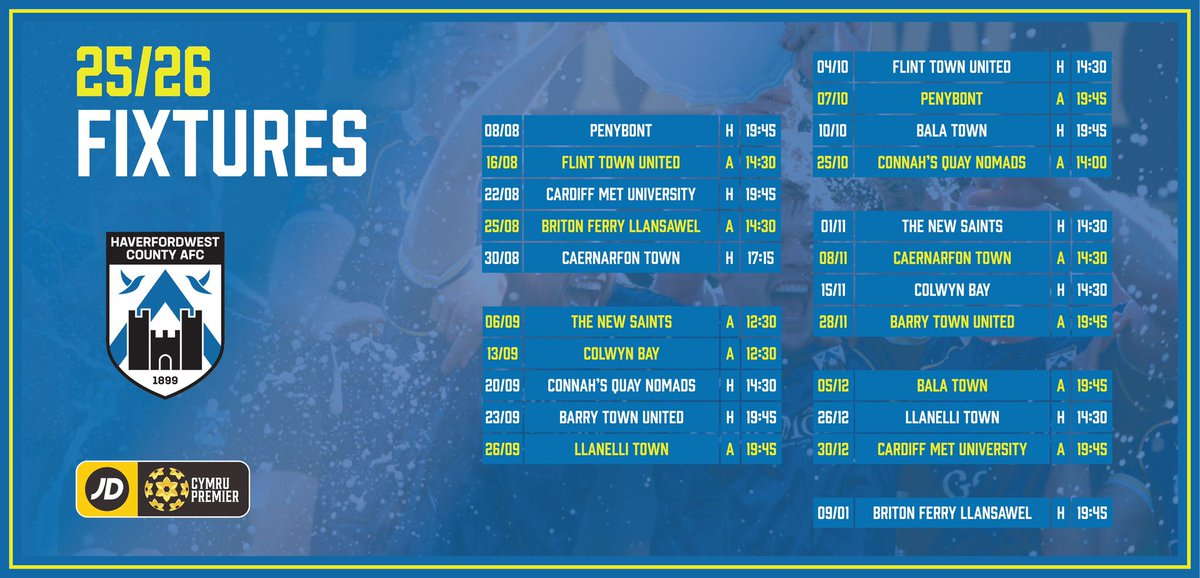 HCAFCSA's tweet image. All of Haverfordwest County's Phase 1 Fixtures Are Here!
Check out this handy image, courtesy of one of our Supporters Association members 🙌
Please note: fixture timings are subject to change.
#Bluebirds #HaverfordwestCounty #CymruPremier #Fixtures