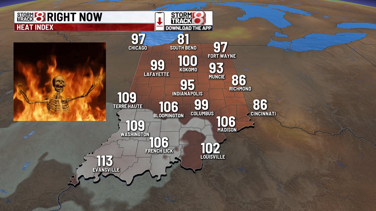 RyanMorseWx's tweet image. Safe to say some of Indiana is on "FIRE" right now.
Clouds from this morning's shower/storm activity have mostly eroded. Can't rule out spotty rain/storms remainder of today.
Patchy fog early TUE leads to potentially hottest day of 2025 & 100+ heat indices.