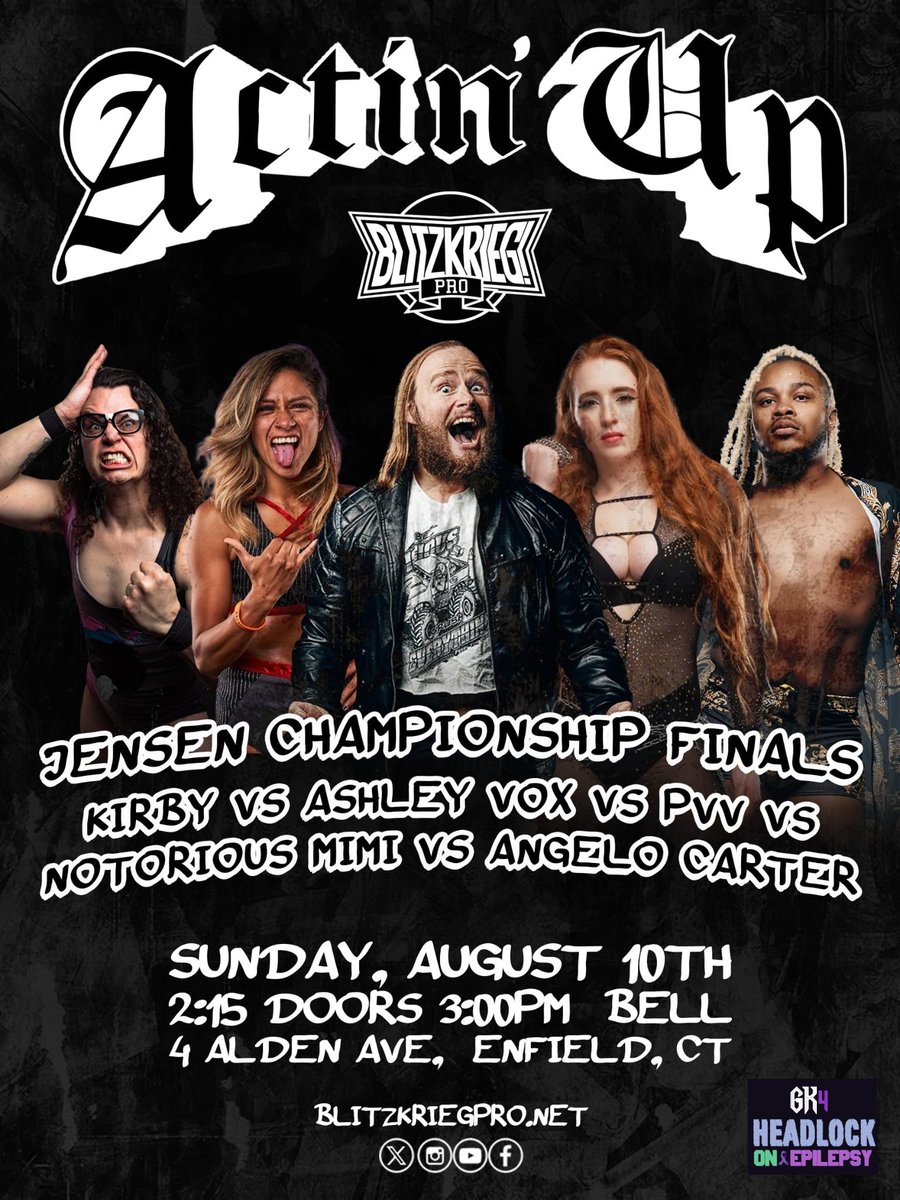 Blitzkrieg_Pro's tweet image. The 1st ever Jensen Champion will be crowned at “Actin’ Up” on Sunday, August 10th

@KirbyWackerman vs @ReelCatchAV vs @PerryVonVicious vs @notorious_mimi vs @angelocartertv 

Sponsored by @grizzlykid4 

🎟: BlitzkriegPro.net
📺: IWTV.live