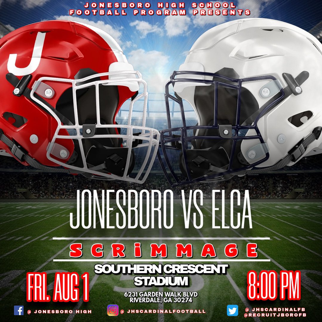 “COACHSYRUP🥞” Coach Darrian CarmichEAL (@coachcarmicheal) on Twitter photo UPDATE🚨-2025 SCRIMMAGE GAME
Jonesboro High School vs ELCA
📆 Friday, August 1, 2025
📍 Southern Crescent Stadium
⏰ 8:00pm
🎟 LINK COMING SOON
🎥 LINK COMING SOON
Created by <a href="/carmichealcre8/">Carmicheal’s Creations 👨🏾🎨</a>
#CardinalNation #JonesboroU🧬 UPDATE🚨-2025 SCRIMMAGE GAME
Jonesboro High School vs ELCA
📆 Friday, August 1, 2025
📍 Southern Crescent Stadium
⏰ 8:00pm
🎟 LINK COMING SOON
🎥 LINK COMING SOON
Created by <a href="/carmichealcre8/">Carmicheal’s Creations 👨🏾🎨</a>
#CardinalNation #JonesboroU🧬