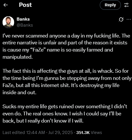 GamingDailyx's tweet image. BREAKING 🚨: FaZe Banks Steps Away From "FaZe" and the Internet!
Tensions rise as accusations surface around MLG project and internal disputes.
🗣️ @AR15thed3mon confirms the leaked screenshot of Banks’ accusations is real, denies involvement in the MLG rug, and suggests…
