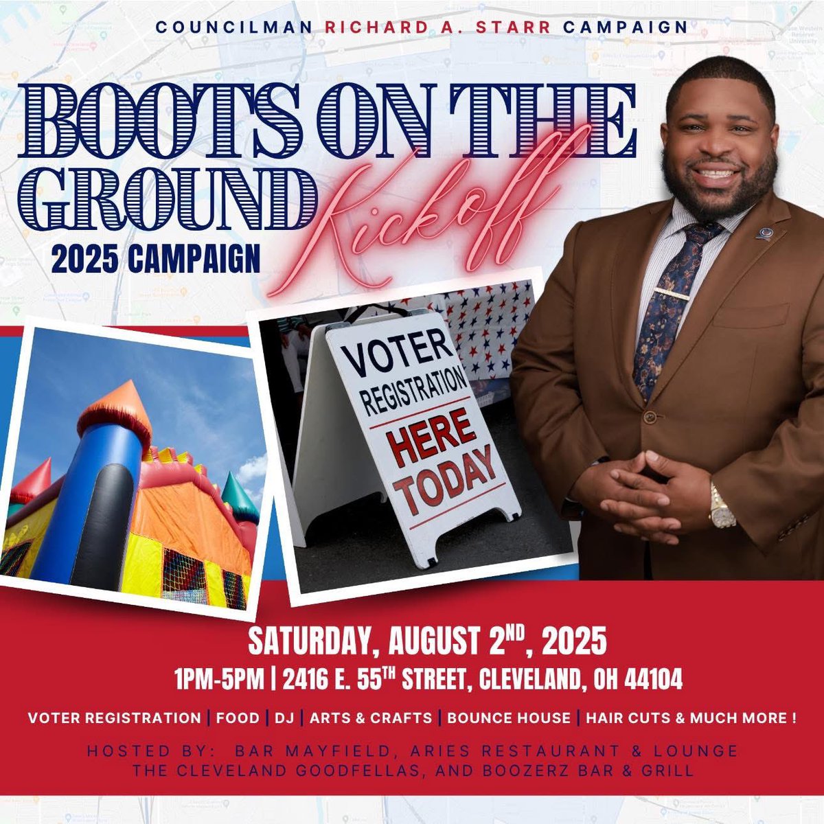 🚨 August 2nd — Join us for the official launch of the “Boots on the Ground” campaign to re-elect Councilman Richard A. Starr!

📍2416 E. 55th St
🗳️ Primary: Sept 9 | General: Nov 4

Let’s keep real leadership in Ward 5!

#ReElectStarr #Ward5 #ClevelandStrong