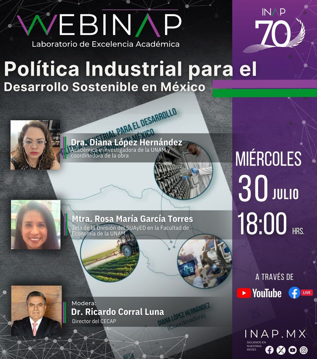 Acompáñanos esta semana en nuestro miércoles de #WebINAP

En esta ocasión, contaremos con las participaciones de la Dra. Diana López y la Mtra. Rosa María García, quienes nos hablarán acerca de la "Política Industrial para el Desarrollo Sostenible en México".

🗓 Miércoles 30 de