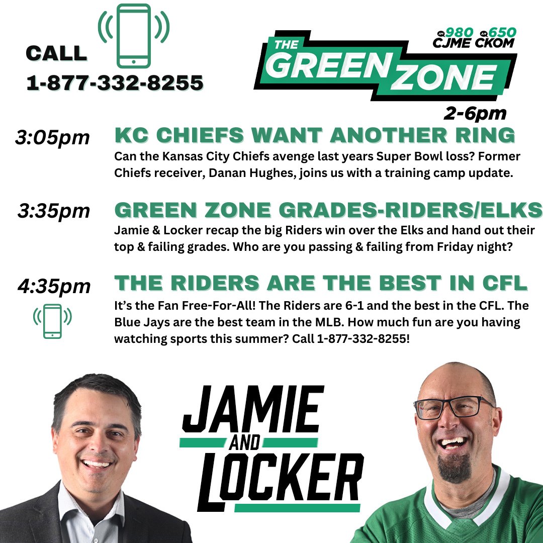 The Riders are the best in the #CFL. The Blue Jays are the best in #MLB. And #NFL training camps are underway. We have great guests today &amp; the ☎️ lines will be open for your calls! 1-877-332-8255!

The Green Zone is live at 2 on <a href="/CJMENews/">980 CJME</a> <a href="/CKOMNews/">650 CKOM</a>